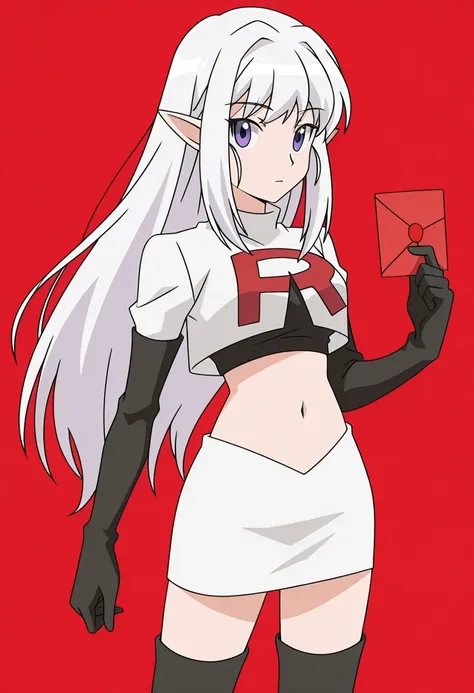 Mariabelle_one,solo,pointy ears,purple eyes,long hair,white hair,looking at viewer,team rocket,team rocket uniform,white skirt,red letter R,crop top,black thigh-highs,black elbow gloves,cowboy_shot,