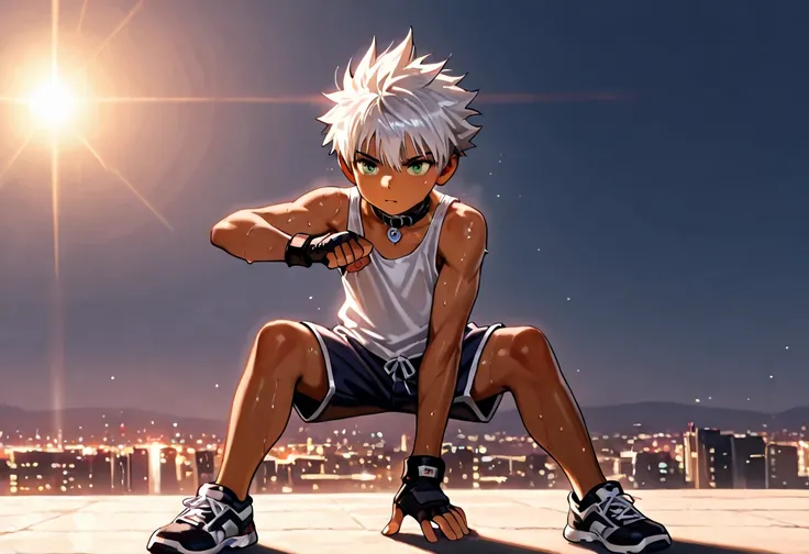 1boy, young male, 18yrs old, brown skin, sweat, dolphin shorts, tank top, fingerless grove, shoes, collar, fighting pose, sunshine, short hair, spiked hair, silver hair, green eyes, cinematic lighting, masterpiece, best quality, city square, hong kong