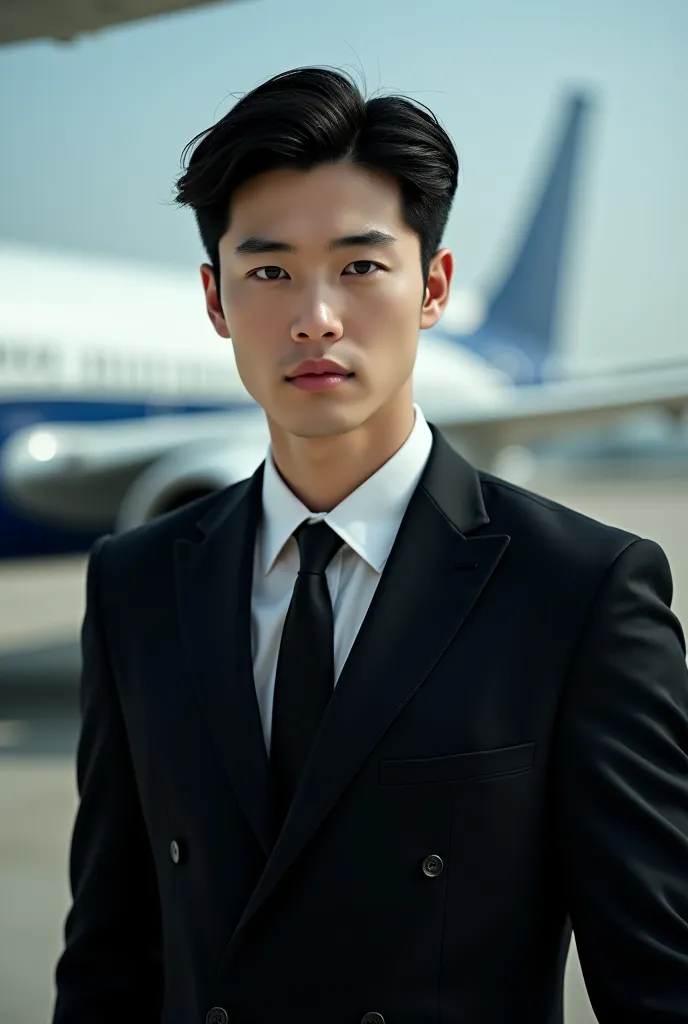 Young elegant Korean man . Perfectly groomed hair and black suit. Realistic photo. Airplane background 