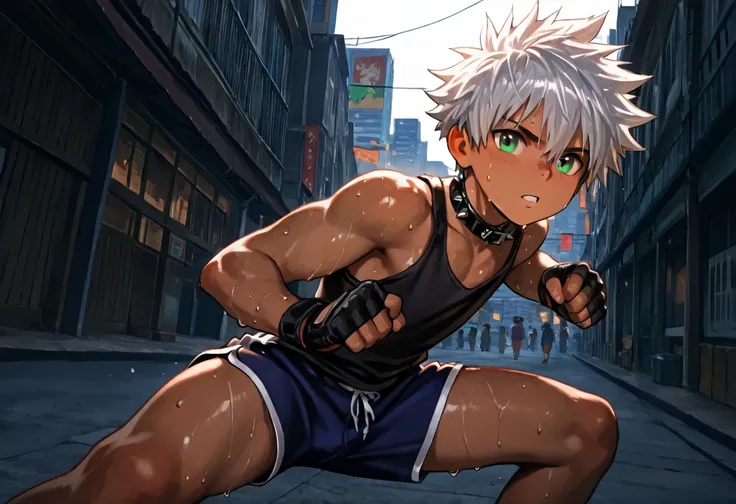 1boy, young male, 18yrs old, brown skin, sweat, dolphin shorts, tank top, fingerless grove, shoes, collar, fighting pose, sunshine, short hair, spiked hair, silver hair, green eyes, cinematic lighting, masterpiece, best quality, city square, hong kong