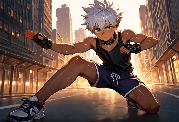 1boy, young male, 18yrs old, brown skin, sweat, dolphin shorts, tank top, fingerless grove, shoes, collar, fighting pose, sunshine, short hair, spiked hair, silver hair, green eyes, cinematic lighting, masterpiece, best quality, city square, hong kong