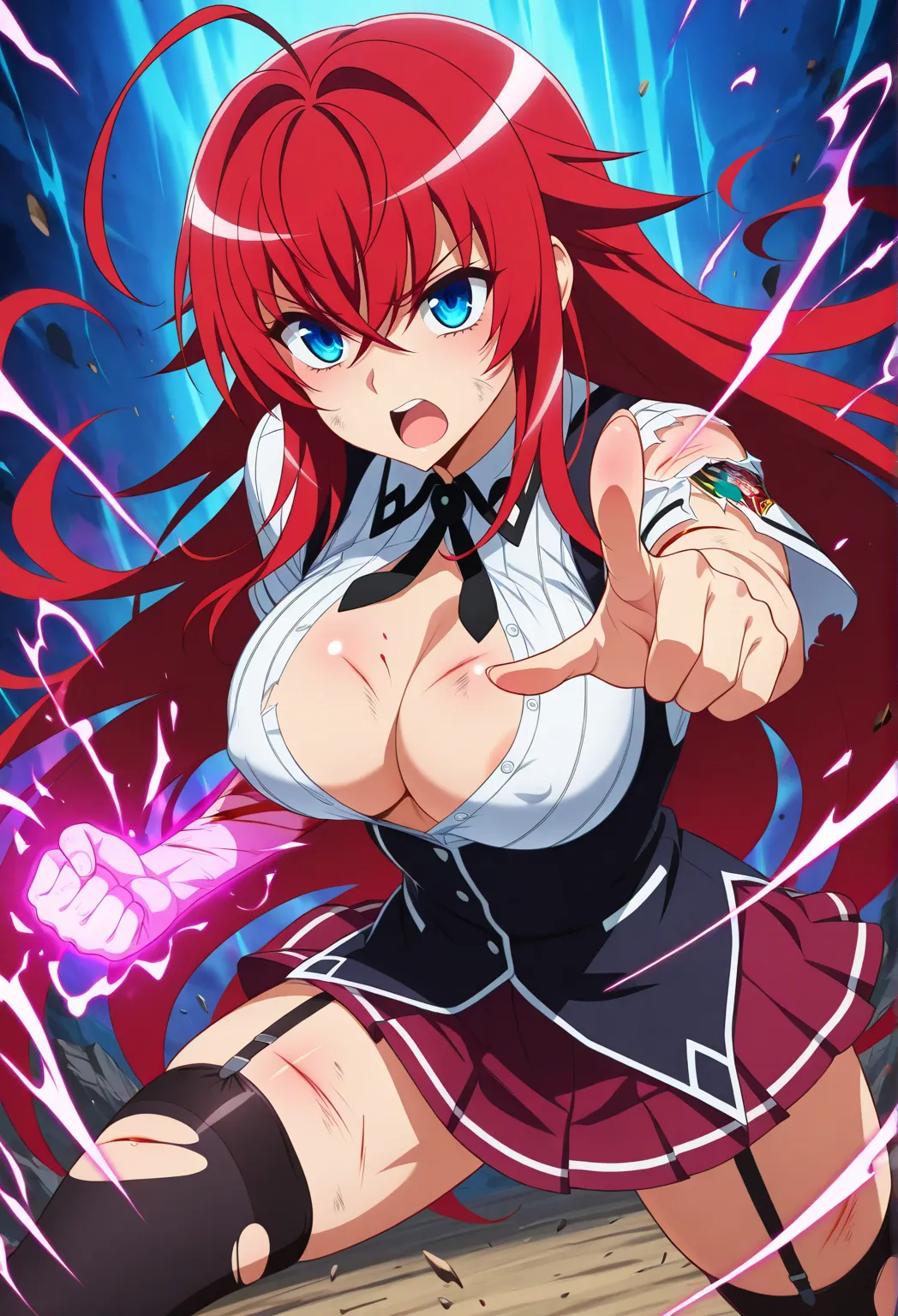 (very_aesthetic, best_quality, high_resolution, ultra_detailed, anime_screencap), 1 girl, solo, Rias Gremory, demon girl, long hair, red hair, bangs, hair strands, hair between eyes, blue eyes, pale skin, (great breasts:1.3), large nipples, erect nipples, ...