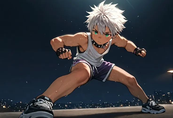 1boy, young male, 18yrs old, brown skin, sweat, dolphin shorts, tank top, fingerless grove, shoes, collar, fighting pose, sunshine, short hair, spiked hair, silver hair, green eyes, cinematic lighting, masterpiece, best quality, city square, hong kong