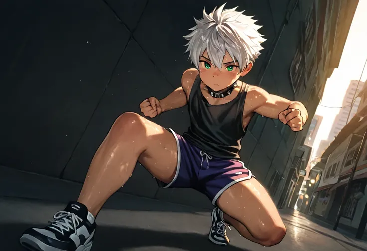 1boy, young male, 18yrs old, brown skin, sweat, dolphin shorts, tank top, fingerless grove, shoes, collar, fighting pose, sunshine, short hair, spiked hair, silver hair, green eyes, cinematic lighting, masterpiece, best quality, city square, hong kong