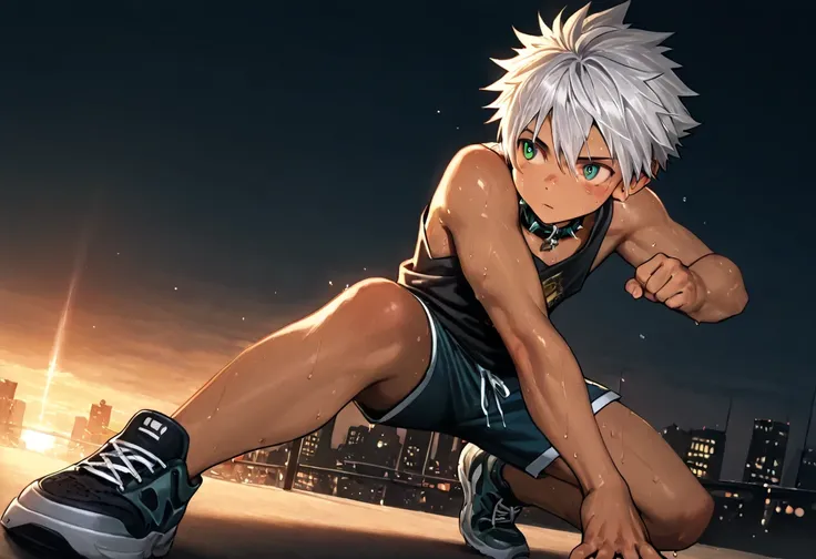 1boy, young male, 18yrs old, brown skin, sweat, dolphin shorts, tank top, fingerless grove, shoes, collar, fighting pose, sunshine, short hair, spiked hair, silver hair, green eyes, cinematic lighting, masterpiece, best quality, city square, hong kong