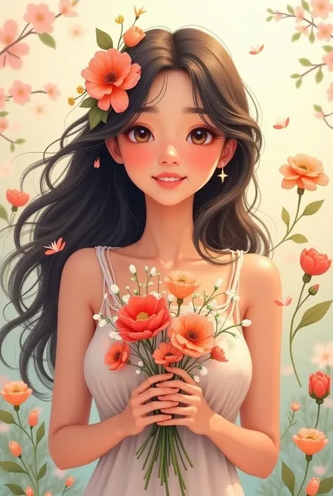 An illustration of a woman with big eyes long hair flowers in hands wiching happy woman's day