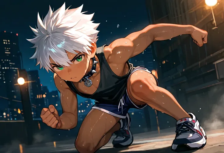 1boy, young male, brown skin, sweat, dolphin shorts, tank top, fingerless grove, shoes, collar, fighting pose, sunshine, short hair, spiked hair, silver hair, green eyes, cinematic lighting, masterpiece, best quality, city square, hong kong