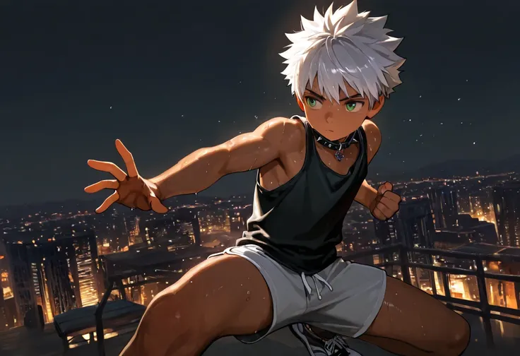 1boy, young male, brown skin, sweat, dolphin shorts, tank top, fingerless grove, shoes, collar, fighting pose, sunshine, short hair, spiked hair, silver hair, green eyes, cinematic lighting, masterpiece, best quality, city square, hong kong