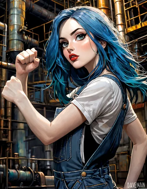 "8M" commemorative image sexy girl, long blue hair, overalls, full of fat, raised fist, industrial factory interior environment, sketch style, art inspired by Bill Sienkiewicz and Dave McKean, (best quality, 4k, 8k, high resolution, masterpiece: 1.2), ultr...