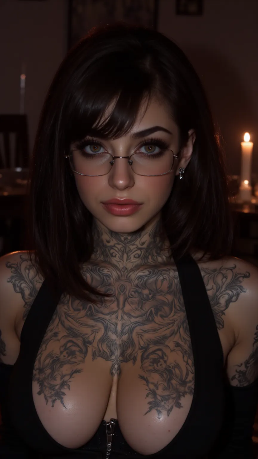 ((a woman with tattoos on her neck and face, Beautiful face of a cyberpunk girl, great digital art with details,  she wears rectangular black rimmed glasses you can see the reflection in the glasses of the glasses :1.5)),laying in a couch, wearing a mini b...