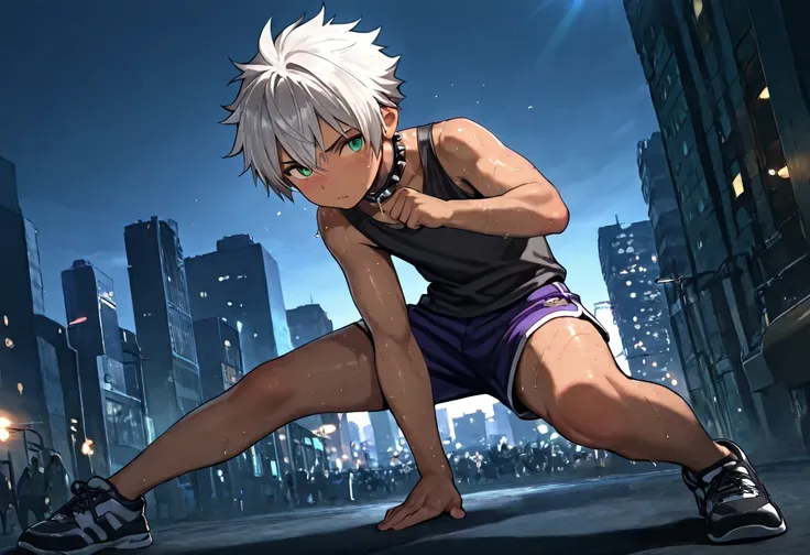 1boy, young male, brown skin, sweat, dolphin shorts, tank top, fingerless grove, shoes, collar, fighting pose, sunshine, short hair, spiked hair, silver hair, green eyes, cinematic lighting, masterpiece, best quality, city square, hong kong