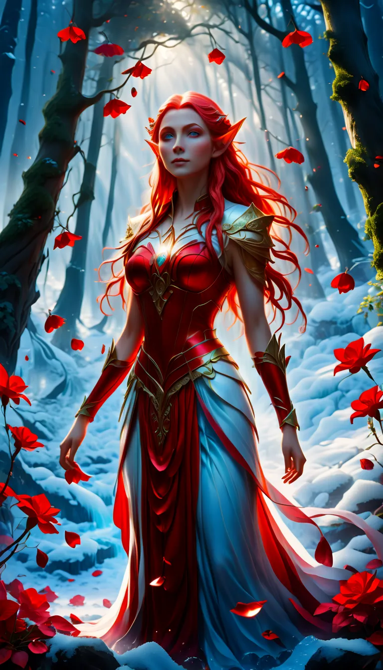 masterpiece, high score, great score, absurdres, anime comic picture, fantasy art, red petals falling from the sky on a beautiful female elf, standing in forest, cloud of red petals swirling around the ice statue, full body, beautiful elf, long icy hair st...