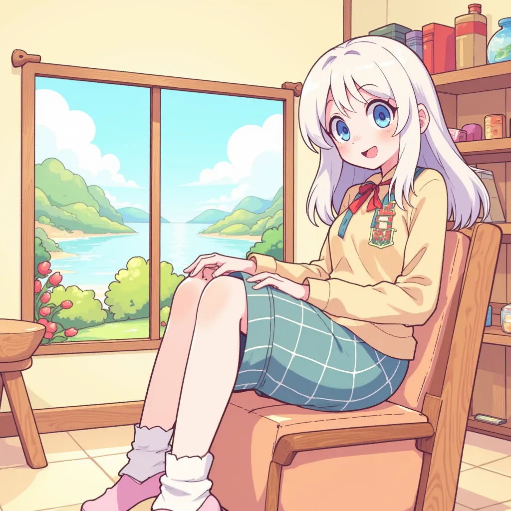 girl sitting on a chair、Simple background “There is a window and you can see the scenery in the back”、Clear colors、Each part isn't too complicated 、 Each part is large and easy to understand pattern、Clear Colours 、A clear pattern、Thick Line、 hand-drawn ill...