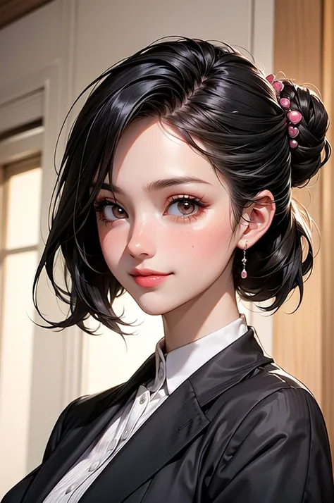 Masterpiece, ((1 girl, Black Hair, White Skins, Pale Skins)), ((Best Quality)), ((Close up)), (Ultra-detailed), Highly detailed, ((Big Breasts)), Perfect Lighting, Perfect background, ((Half-updo Hair, Black Hair, Brown eyes)), ((25-years-old, Upright body...