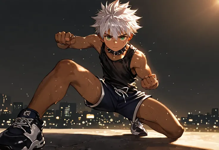 1boy, young male, 18yrs old, brown skin, sweat, dolphin shorts, tank top, fingerless grove, shoes, collar, fighting pose, sunshine, short hair, spiked hair, silver hair, green eyes, cinematic lighting, masterpiece, best quality, city square, hong kong