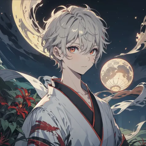 white skin,Odd Eye,male, Lantern, expression with closed mouth,Night Sky,starry sky, kimono,The moon is in the upper left corner of the background,The red spider lilies are blooming,lonely expression,solo, accurate, High Resolution, Top Quality,solo, Alone...