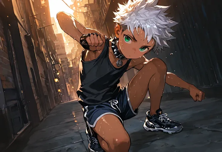 1boy, young male, brown skin, sweat, dolphin shorts, tank top, fingerless grove, shoes, collar, fighting pose, sunshine, short hair, spiked hair, silver hair, green eyes, cinematic lighting, masterpiece, best quality, city square, hong kong