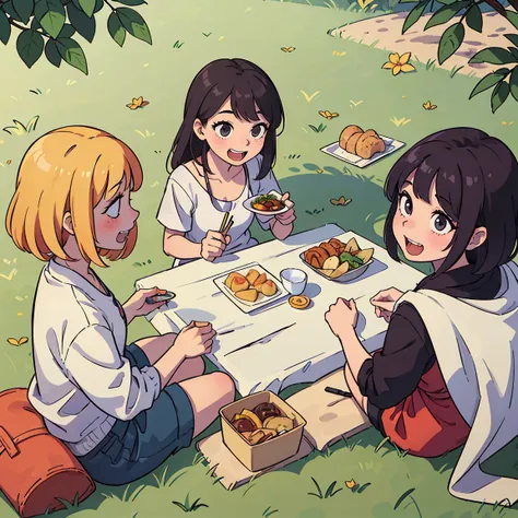 Four friends having fun at a picnic, nature, cloth on grass, Chinese Food, cute,  summer, eating and laughing, wearing bright summer clothes, bright colors, colorful