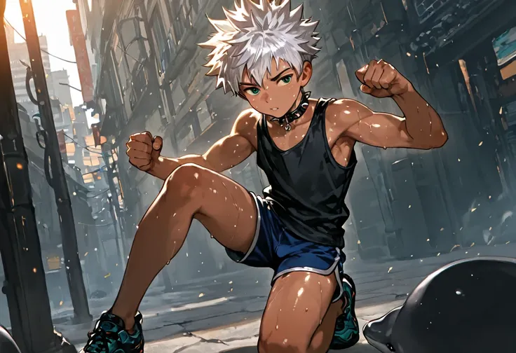 1boy, young male, brown skin, sweat, dolphin shorts, tank top, fingerless grove, shoes, collar, fighting pose, sunshine, short hair, spiked hair, silver hair, green eyes, cinematic lighting, masterpiece, best quality, city square, hong kong