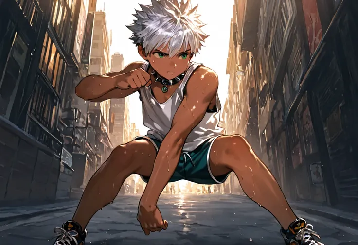 1boy, young male, brown skin, sweat, dolphin shorts, tank top, fingerless grove, shoes, collar, fighting pose, sunshine, short hair, spiked hair, silver hair, green eyes, cinematic lighting, masterpiece, best quality, city square, hong kong