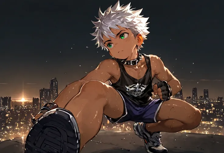 1boy, young male, brown skin, sweat, dolphin shorts, tank top, fingerless grove, shoes, collar, fighting pose, sunshine, short hair, spiked hair, silver hair, green eyes, cinematic lighting, masterpiece, best quality, city square, hong kong