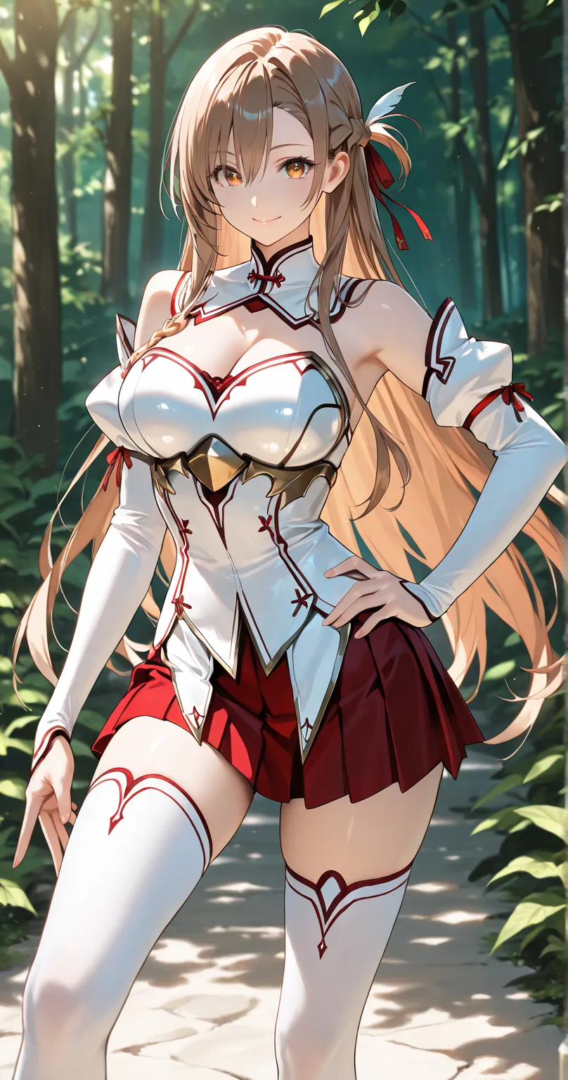 insanely detailed,
yuuki asuna, brown eyes, brown hair, long hair, bangs, braid
yuukiasunasaooutfit, white armor, white breastplate, red pleated skirt, white detached sleeves, bare shoulders, white thighhighs, 
Contrapposto, arched back, hand on hip, Tippy...