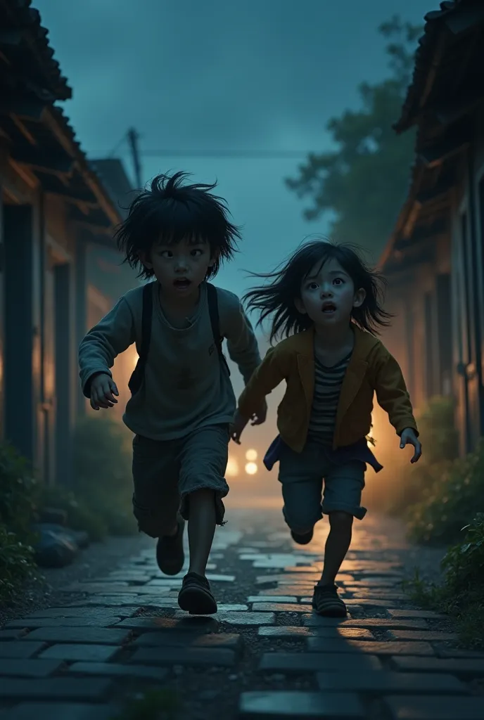 2 boy and girl running in village in night they was in fear