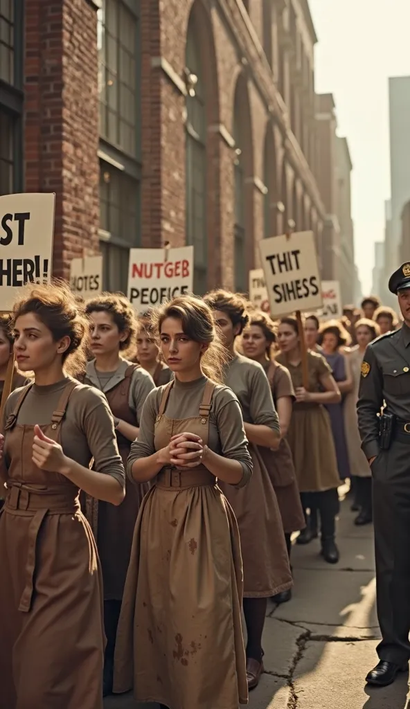 A group of women protest outside the Cotton textile factory in New York, 1908, demanding better wages and working conditions. Their faces are illuminated by the golden light of the afternoon, showcasing determination, exhaustion, and defiance. They wear ea...