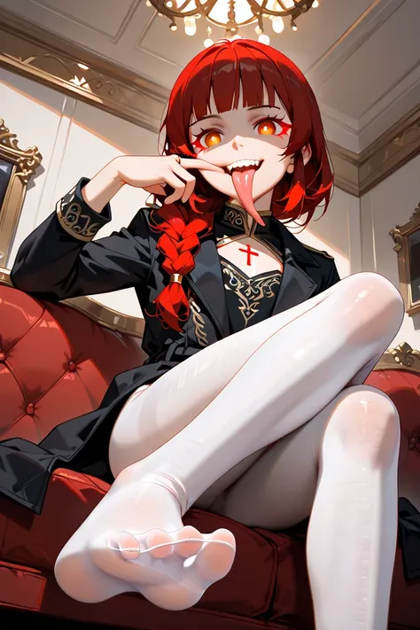 (masterpiece, Top Quality, Precise Shadows , portrait,  soft texture), 1 girl, (( female ,  lori)), ( Slim, Petite, Low body), Red Bunny Girl, Wear a black coat with gold embroidery, (sling, crimson lashes), white pantyhose, Red Hair, Soft Hair, Wolf cut m...