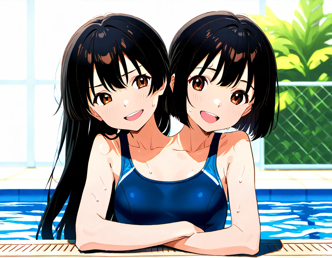 anime girl with two heads,  black hair, long hair on the left、Short hair on the right head, brown eyes,  blue swimsuit、pool side、hours of day、 drawing sweat 、Laughing naturally、