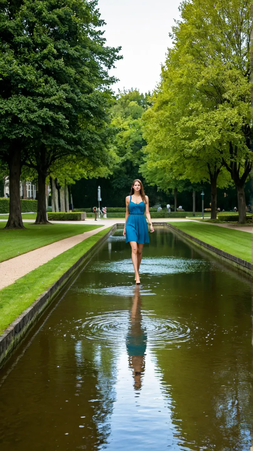 a woman walking in a beautiful park drinking water 