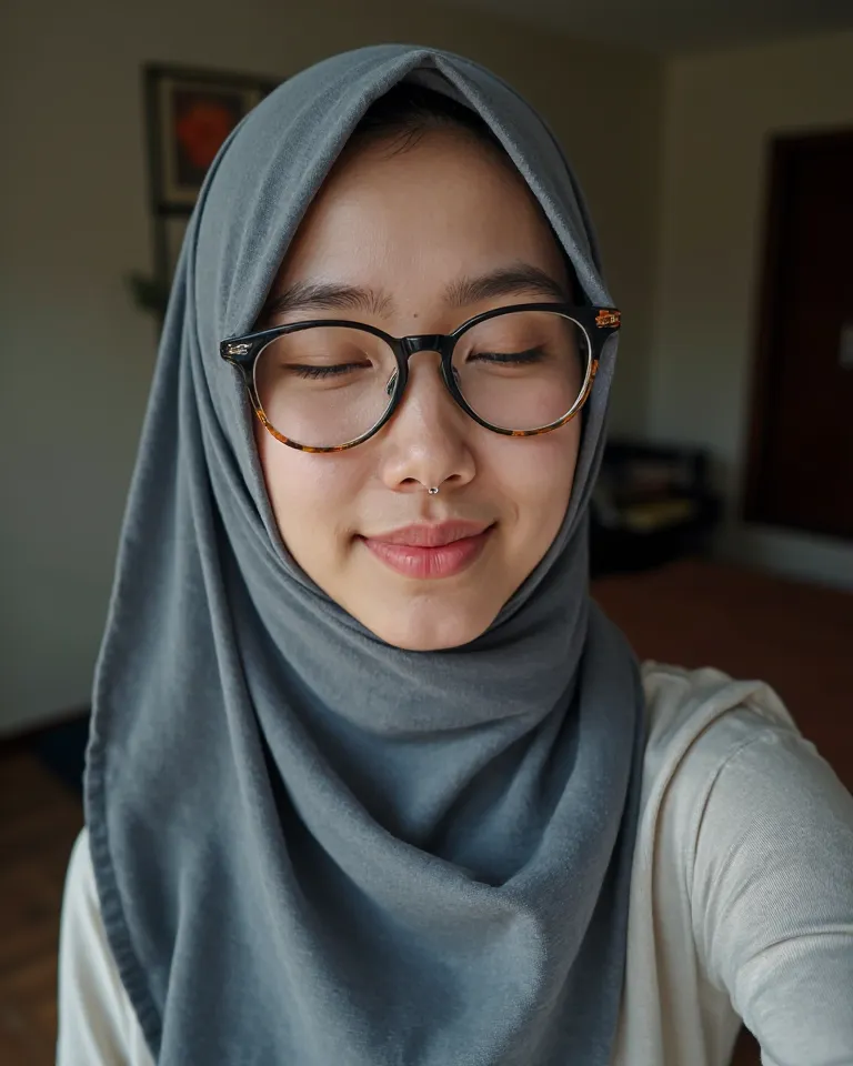 a beautiful young Malay girl aged 19. Wearing hijab and eyeglasses, Skinny and petite body. wearing a t-shirt,  at poor bedroom background. Daylight, Standing pose, jewelry, eyeglasses,Textured Skin, Closed Eyes, selfie shoot 