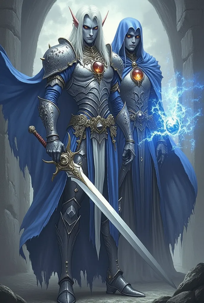 a warrior elf king with sword and shield and full armor of white and blue metal and at his side his brother a wizard elf in blue and white clothes with fire in his hands, white skin, dark blond hair and amber eyes