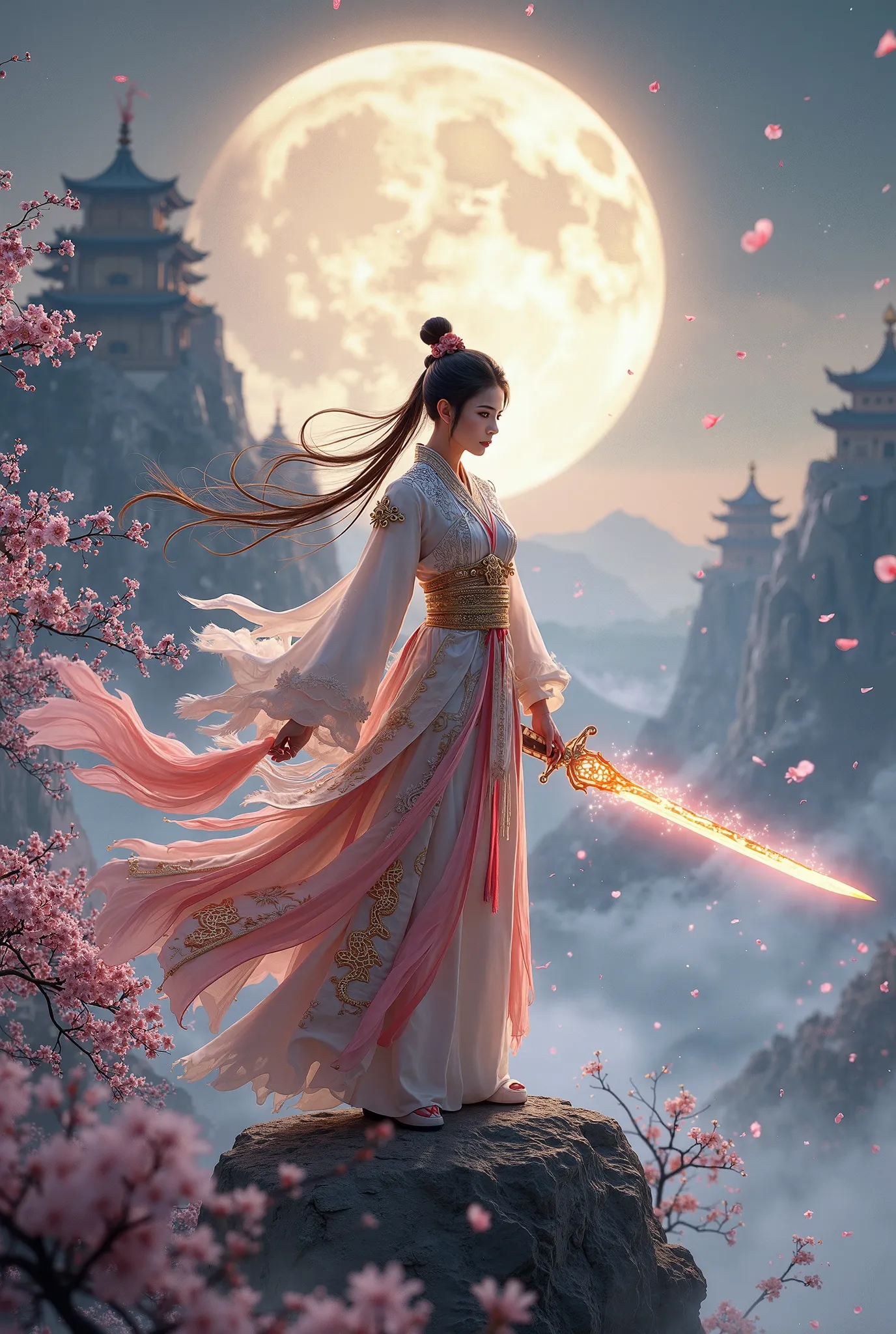 A breathtaking fantasy scene inspired by Blade & Soul, featuring a martial artist warrior in elegant traditional Chinese attire, wielding a glowing sword, standing on a misty mountain peak. The character’s outfit is adorned with intricate golden embroidery...