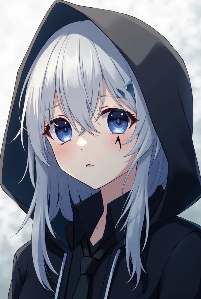 anime The guy's height is 190 cm, he looks 20 years old. He has long silky white hair and eyelashes. He has dark blue eyes and pale skin. He also has a crescent-shaped scar on his left eye. He is wearing a black hooded suit.