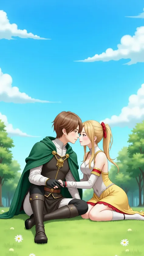 an anime-style illustration of a romantic moment between two characters sitting on a lush green field under a bright blue sky with fluffy white clouds. The male character has short brown hair, wearing a medieval fantasy outfit with a green cape, black glov...