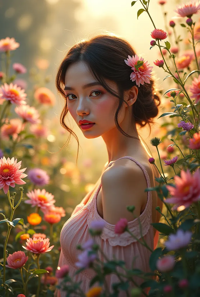  Now keeping the same image of the woman in 4k, Just add her in a flowery garden