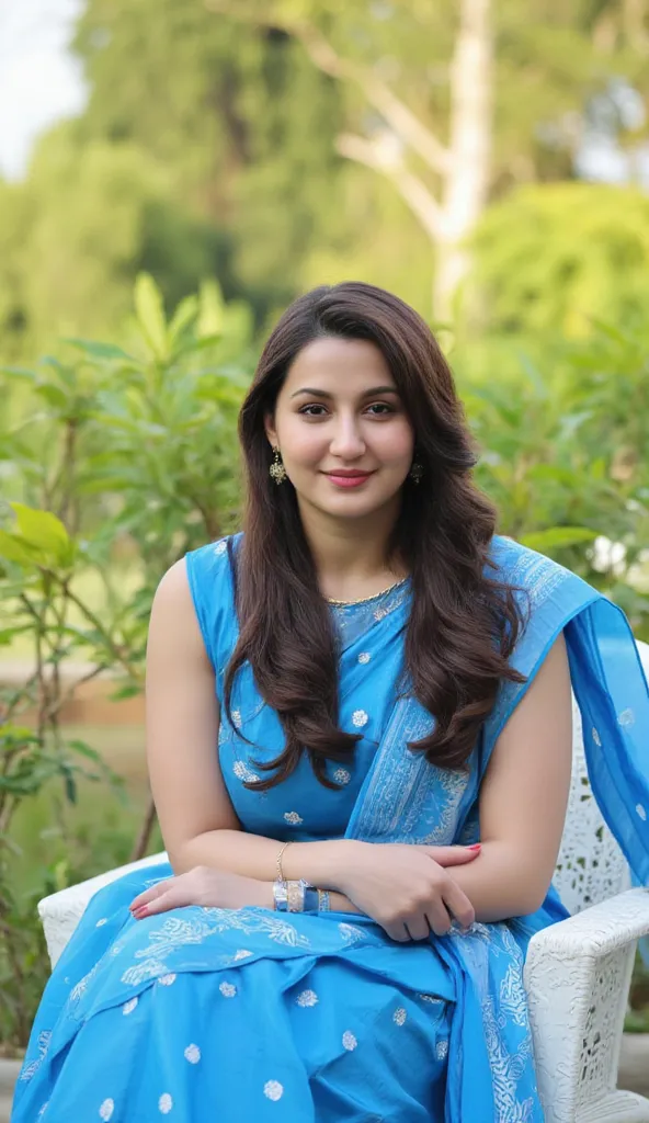 A malayali house wife, in blue satin sleeveless frock and white dotted spots in frock , ethnic saree fashion photo shoot, long hair in front , wearing beautiful earring and gold chain in neck, sitting pose in chair, looking at camera, garden as back ground...