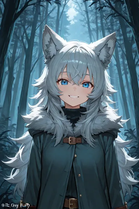 Wolf girl. Gray fluffy hair, blue eyes. It stands against the backdrop of a dark forest, A mischievous big smile.