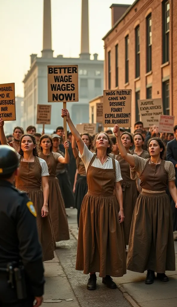 A group of women protest outside the Cotton textile factory in New York, 1908, demanding better wages and working conditions. Their faces are illuminated by the golden afternoon light, revealing determination, exhaustion, and defiance. They wear earth-tone...