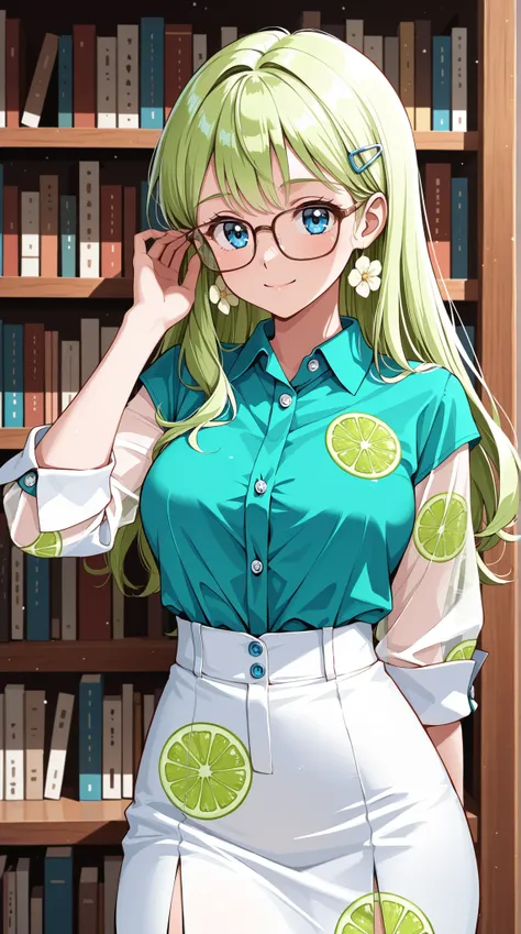 a top influencer woman, cute and intelligent, retro 60's style, fair skin, long green hair with flower clips, glasses, (blue button up crop top transparent lime print sleeves), (white high waist button up skirt), Library background,masterpiece, best qualit...