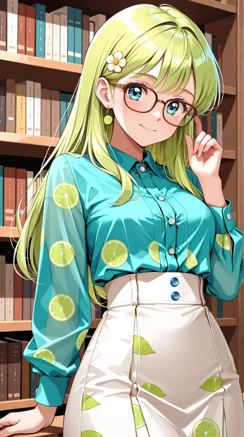 a top influencer woman, cute and intelligent, retro 60's style, fair skin, long green hair with flower clips, glasses, (blue button up crop top transparent lime print sleeves), (white high waist button up skirt), Library background,masterpiece, best qualit...