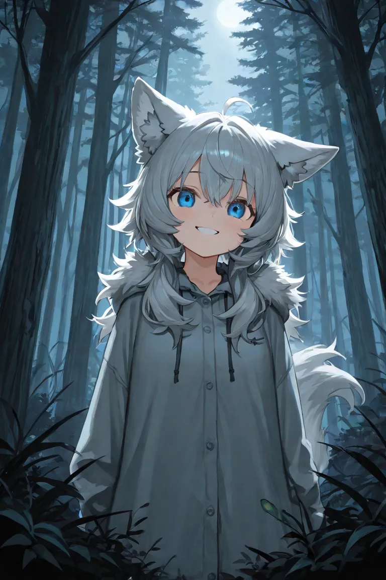 Wolf girl. Gray fluffy hair, blue eyes. It stands against the backdrop of a dark forest, cheerful smile big smile.