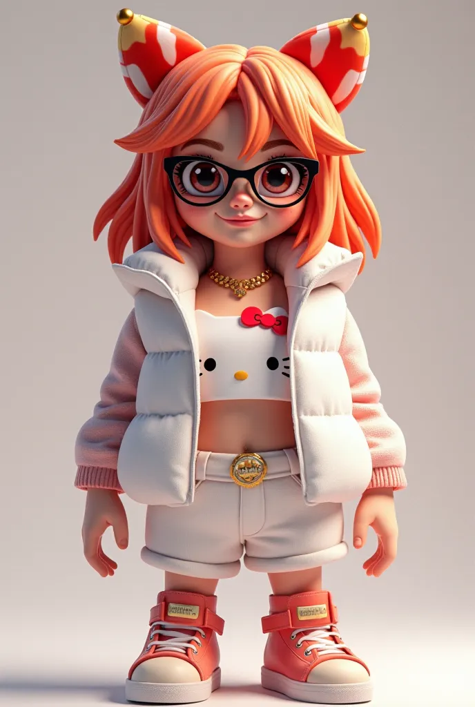 roblox bacon hair  lin's glasses black, roupa hello kitty white short white,white puffer vest 3.0 woaman