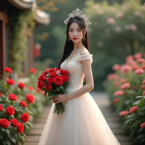 Create a realistic 8k Hd of beautiful korean. Bride wearing  brides gown , facing camera , long black casual hair , half body ,standing in the garden, holding a boquet of red roses , name FRITZ written on HER attire , mystical garden with flowers backgroun...