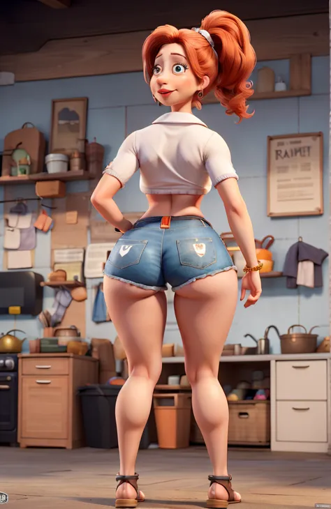 A very voluptuos Miss Krabappel from The Simpsons huge tits, small waist, huge hips, huge ass, dressing Daisy Duke style shorts to mid-glute, full-body back shoot, 