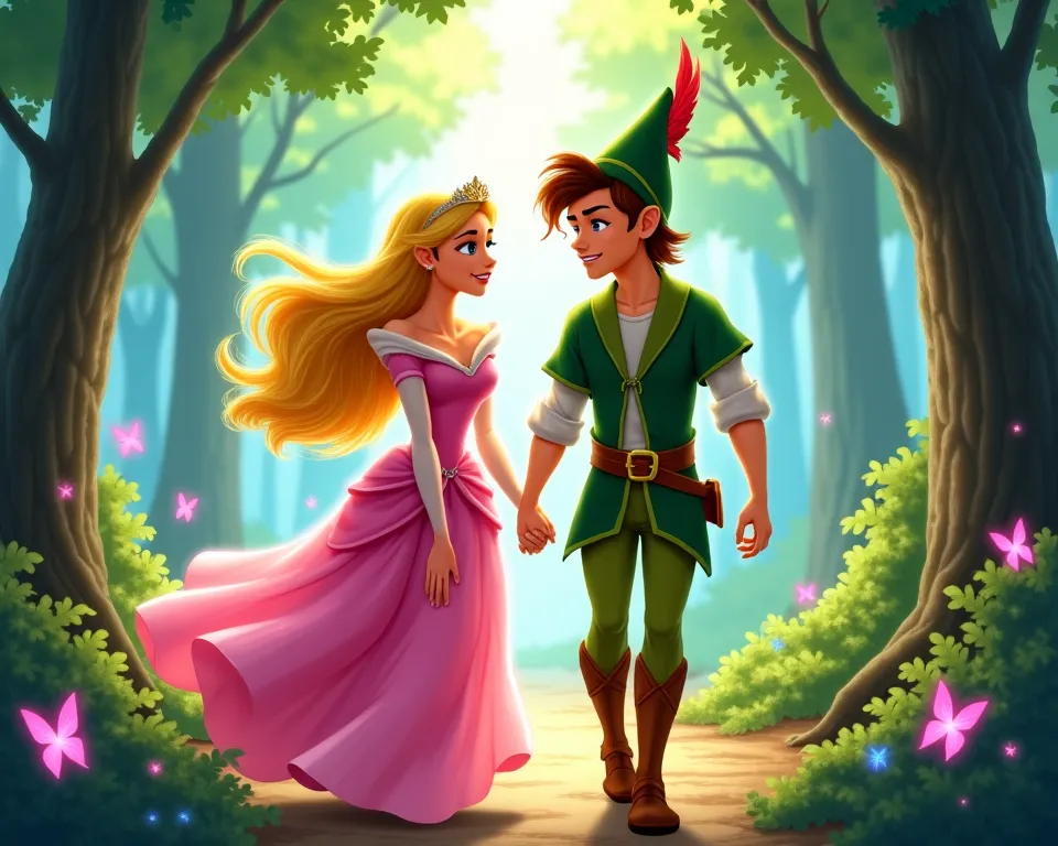 ((Masterpiece)), ((Disney-style fantasy illustration)), ((soft airbrushed textures, glowing magical effects, vibrant colors)).  

A **charming Disney-style scene** featuring **Princess Aurora and Robin Hood** walking hand in hand through an **enchanting fo...