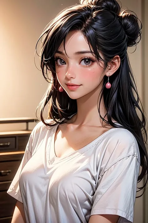 Masterpiece, ((1 girl, Black Hair, Tan Skins, Dark Skins)), ((Best Quality)), ((Close up)), (Ultra-detailed), Highly detailed, ((Medium Breasts)), Perfect Lighting, Perfect background, ((Bun Long Hair, Messy Hair, Black Hair, Black eyes)), ((25-years-old, ...