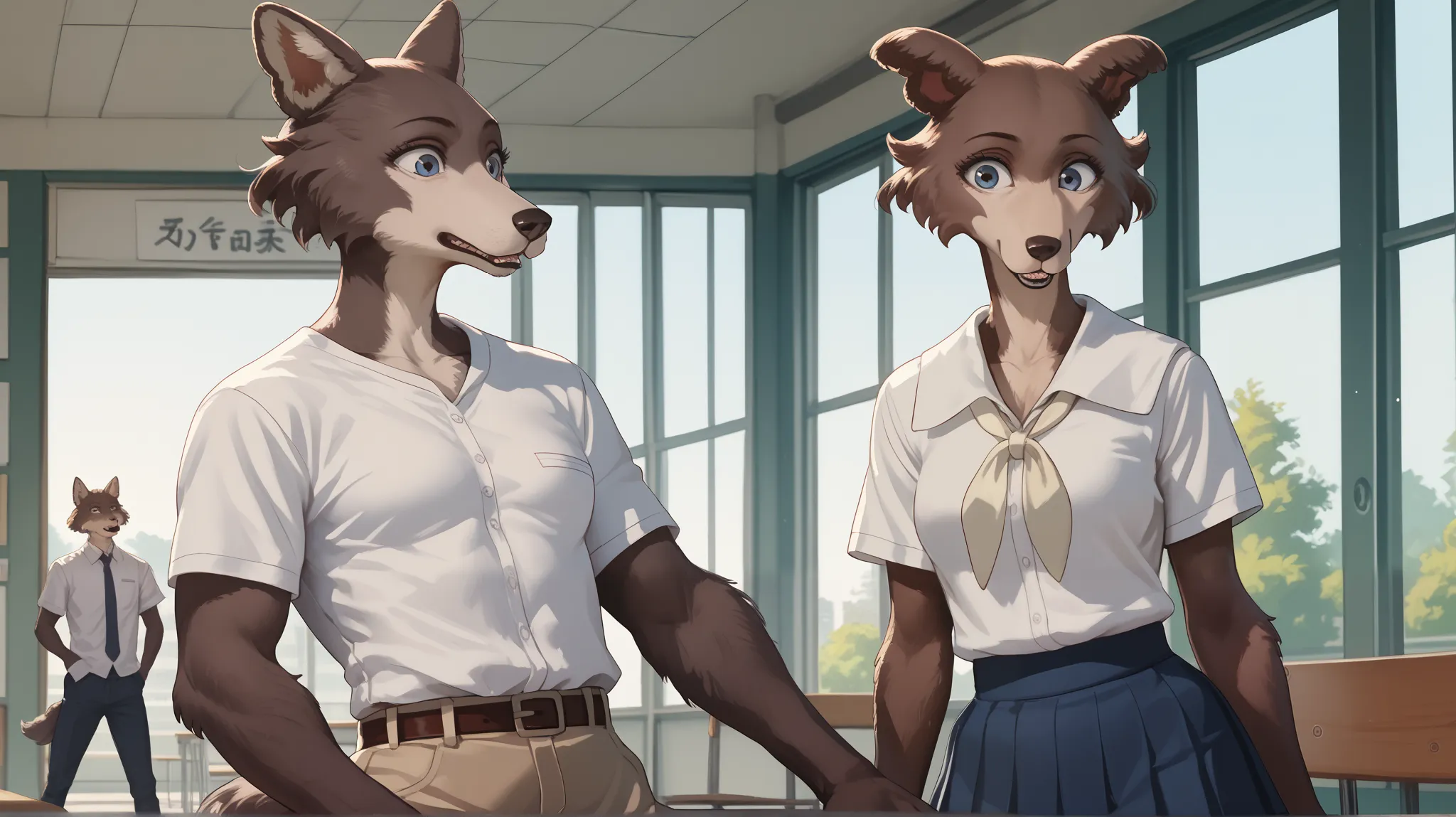  eastnik_fluffy, Detailed, japanese school, Anthropomorphic female wolf, Anthropomorphic male Wolf, brown fur, thin, skirt,  shirt, pijak, pants, 2 characters