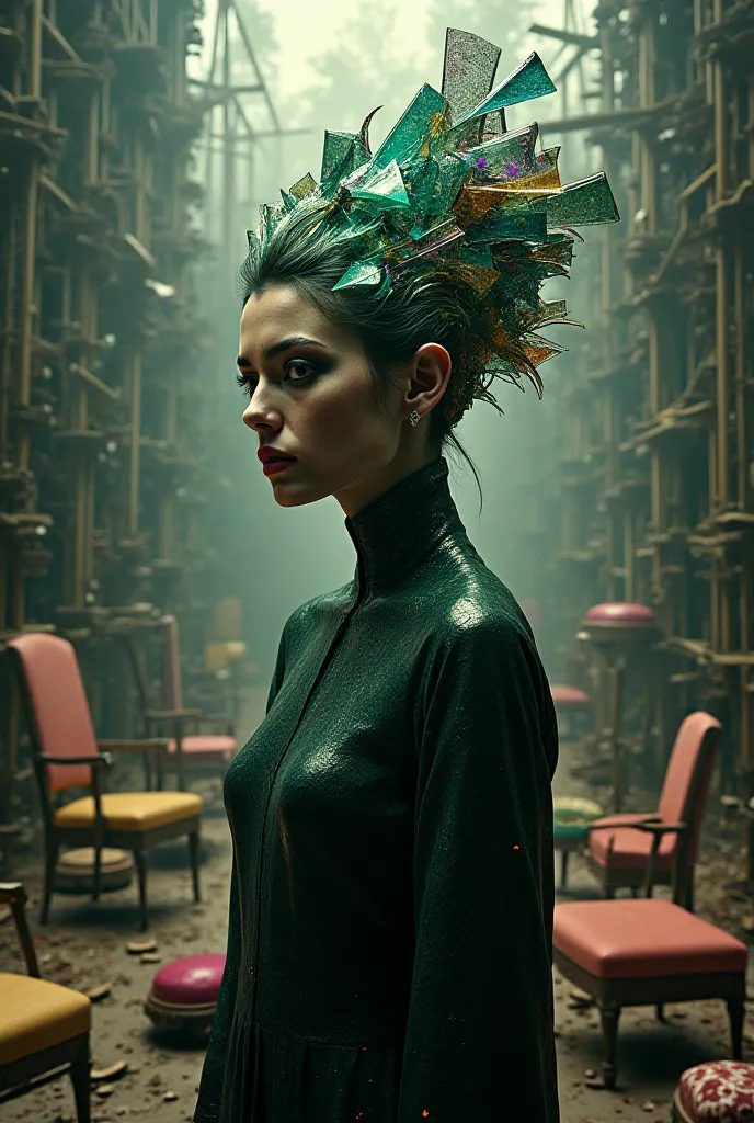 A standing woman  .  Her hair is made up of abstract geometric patterns. Metallic green blue gold in purple colors. Irritating furniture in the background